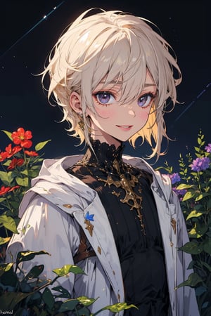 young_person, small_person, androgynous_look, flat_chest, white_hair, shoulder_length_hair, dark_eyes, uncertain_smile, very_slim, very_thin, close_up, fantasy_clothes, victorian_clothes, garden, night, dark_sky, small_body, white_robe, hermaphroditic_look, hermaphrodite, white_clothes, gold_marks, boyish_look, young_boy, tomboy, masculine_lips, masculine_features