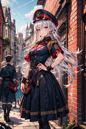 young_gir, long_white_hair, purple_eyes, freckles, red_II_world_war_military_uniform, standing in victorian london street, vibrant_colours, short_sleeve, hat, long_skirt