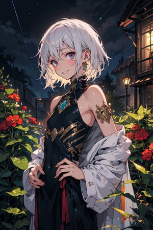 young_person, small_person, androgynous_look, flat_chest, white_hair, shoulder_length_hair, dark_eyes, uncertain_smile, very_slim, very_thin, close_up, fantasy_clothes, victorian_clothes, garden, night, dark_sky, small_body, white_robe, hermaphroditic_look, hermaphrodite, white_clothes, gold_marks, boyish_look, young_boy, tomboy