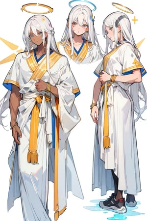 masculine_man, darker_skin, long_white_hair, jewish_clothes, white_clothes, man, golden_accents, left_short_sleeve, vibrant_colours, best_quality, older, muscular_body, long_hair, white_hair, halo_behind_head, jesus_like