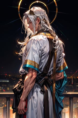 masculine_man, darker_skin, long_white_hair, jewish_clothes, white_clothes, man, golden_accents, left_short_sleeve, vibrant_colours, best_quality, older, muscular_body, long_hair, white_hair, halo_behind_head, jesus, facing_viewer, standing in ancient city