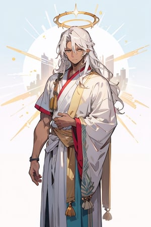 masculine_man, darker_skin, long_white_hair, jewish_clothes, white_clothes, man, golden_accents, left_short_sleeve, vibrant_colours, best_quality, older, muscular_body, long_hair, white_hair, halo_behind_head, jesus_like, older_male, standing in ancient indian city, evil