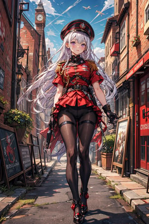 young_gir, long_white_hair, purple_eyes, freckles, red_II_world_war_military_uniform, standing in victorian london street, vibrant_colours, short_sleeve