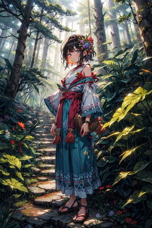 boy, medium hair, flower mayan clothes, short sleeves, bare_shoulders, standing in forest, forest, vibrant_colours, 