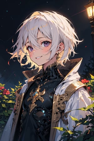 young_person, small_person, androgynous_look, flat_chest, white_hair, shoulder_length_hair, dark_eyes, black_eyes, uncertain_smile, very_slim, very_thin, close_up, fantasy_clothes, victorian_clothes, garden, night, dark_sky, small_body, white_robe, hermaphroditic_look, hermaphrodite, white_clothes, gold_marks, boyish_look, young_boy, tomboy
