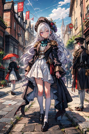 young_gir, long_white_hair, purple_eyes, freckles, white_victorian_military_uniform, standing in victorian london street, vibrant_colours, white_short_skirt, white_clothes, petite, teenager