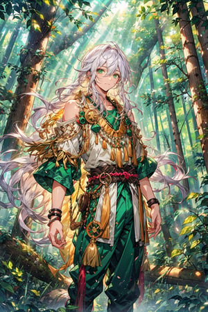 boy, long white hair, green eyes, green mayan clothes, short sleeves, bare_shoulder, standing in forest, forest, vibrant_colours, 
