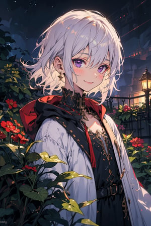 young_person, small_person, androgynous_look, flat_chest, white_hair, shoulder_length_hair, purple_eyes, uncertain_smile, very_slim, very_thin, close_up, fantasy_clothes, victorian_clothes, garden, night, dark_sky, small_body, white_robe, hermaphroditic_look, hermaphrodite, white_clothes, gold_marks, boyish_look, young_boy, tomboy