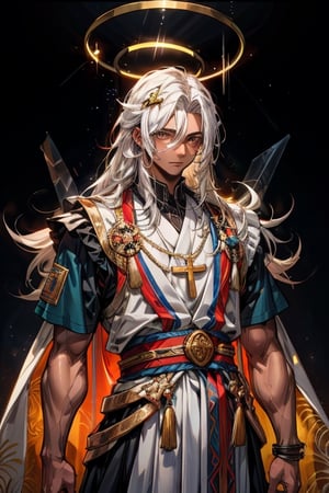 masculine_man, darker_skin, long_white_hair, jewish_clothes, white_clothes, man, golden_accents, left_short_sleeve, vibrant_colours, best_quality, older, muscular_body, long_hair, white_hair, halo_behind_head, jesus, facing_viewer