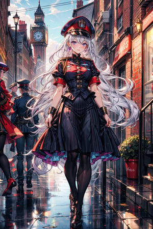young_gir, long_white_hair, purple_eyes, freckles, red_II_world_war_military_uniform, standing in victorian london street, vibrant_colours, short_sleeve, hat, long_skirt
