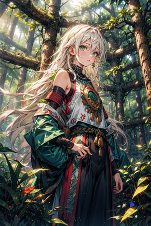boy, long white hair, green eyes, green mayan clothes, short sleeves, bare_shoulders, standing in forest, forest, vibrant_colours, 