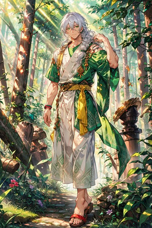 man in his 60s, old_man, long white hair, green eyes, green mayan clothes, short sleeves, bare_shoulder, standing in forest, forest, vibrant_colours, facing_viewer, sandals, older_male, robes with flower motives, wrinkles, older, old, upper_body