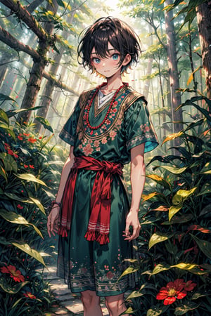 young_boy, short hair, flower mayan clothes, short sleeves, bare_shoulders, standing in forest, forest, vibrant_colours, shirt_dress