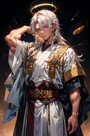 masculine_man, darker_skin, long_white_hair, jewish_clothes, white_clothes, man, golden_accents, left_short_sleeve, vibrant_colours, best_quality, older, muscular_body, long_hair, white_hair, halo_behind_head, jesus, facing_viewer