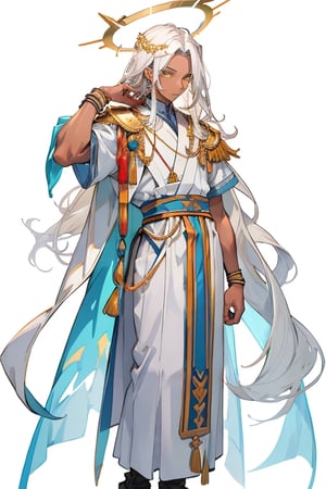 masculine_man, darker_skin, long_white_hair, jewish_clothes, white_clothes, man, golden_accents, left_short_sleeve, vibrant_colours, best_quality, older, muscular_body, long_hair, white_hair, halo_behind_head, jesus_like, older_male, standing in city, evil