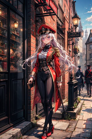 young_gir, long_white_hair, purple_eyes, freckles, sad_face, red_victorian_military_uniform, standing in victorian london street, vibrant_colours