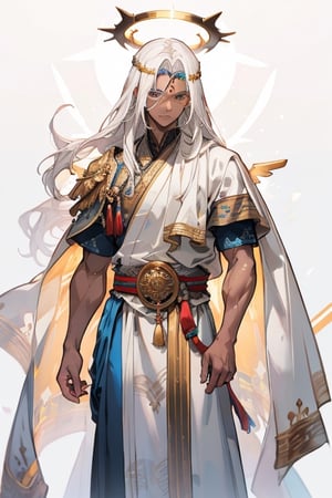 masculine_man, darker_skin, long_white_hair, jewish_clothes, white_clothes, man, golden_accents, left_short_sleeve, vibrant_colours, best_quality, older, muscular_body, long_hair, white_hair, halo_behind_head, jesus_like, older_male, standing in ancient indian city, evil