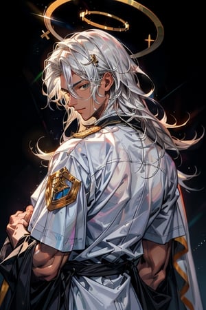 masculine_man, darker_skin, long_white_hair, jewish_clothes, white_clothes, man, golden_accents, left_short_sleeve, vibrant_colours, best_quality, older, muscular_body, long_hair, white_hair, halo_behind_head, jesus, facing_viewer