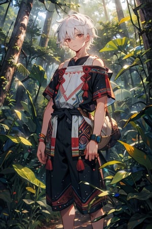 boy,  white hair,  mayan clothes, short sleeves, bare_shoulders, standing in forest, forest, vibrant_colours, 