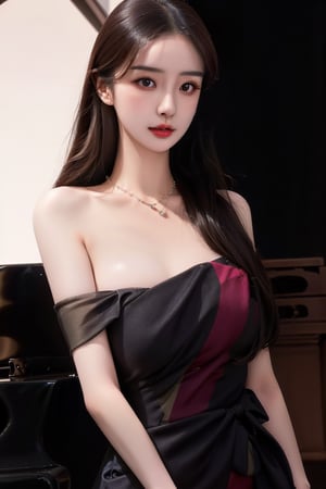 (Masterpiece, best quality, realistic, high resolution, 8K original) 19 years old Asian girl, beautiful real face, real skin, beautiful eyes, beautiful body, beautiful girl, detailed face, detailed hands, Glossy lips, sexy lips, long hair draped over the left shoulder, playing the piano, big breasts, detailed and realistic solemn clothing, makeup, looking at the audience, standing, bright background, woods, flowers, coat, business attire, cygnet necklace, multi-color Professional attire, multi-color suit, real and clear, beautiful breasts,