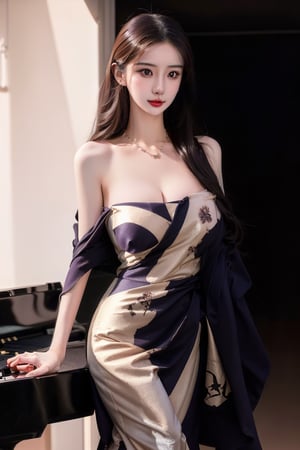 (Masterpiece, best quality, realistic, high resolution, 8K original) 19 years old Asian girl, beautiful real face, real skin, beautiful eyes, beautiful body, beautiful girl, detailed face, detailed hands, Glossy lips, sexy lips, long hair draped over the left shoulder, playing the piano, big breasts, detailed and realistic solemn clothing, makeup, looking at the audience, standing, bright background, woods, flowers, coat, business attire, cygnet necklace, multi-color Business attire, multi-color suit, real and clear, beautiful breasts, shawl, standing on one leg
