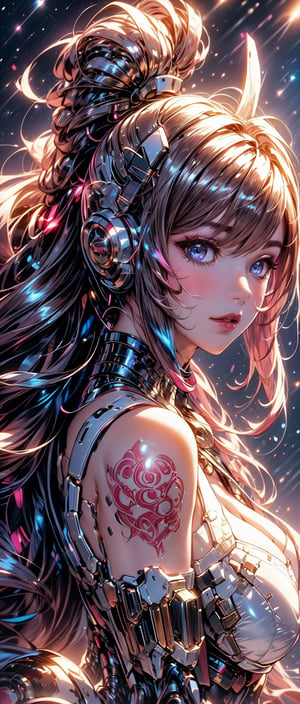 A 23-year-old beauty with ((various hair colors)), long hair, high ponytail, big breasts, red lips, gorgeous crystal mecha, and tattoos on her body. The background is the Milky Way in space.
Best quality, high resolution, ultra high definition, 4k, high contrast, bokeh: 1.2, Dynamic poses, perfect face shape, perfect proportions, slim waist, fair skin, naturally plump breasts. Tall and well-proportioned, with long legs and high heels. (photo realism: 1.2), (sharp focus), (multiple hair colors), high ponytail, long curly hair, (distribution: 1.2), (cleavage: 1.3), (ambient light).