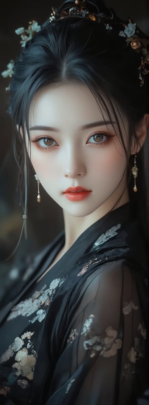 Score_9, score_8_up, score_7_up, score_6_up, 1girl, ancient oriental beauty, looking at the audience, solo, cool, exquisite facial features, exquisite green eyes, eye shadow, long eyelashes, long black hair, shut up, red lips, lipstick, makeup, Hanfu, jewelry, earrings, portraits, close-ups, amazing scenery,