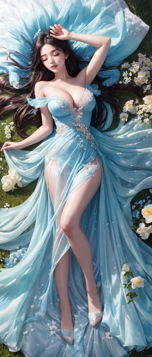 A 23-year-old young Chinese woman was lying on her back on the green grass, with the warm sunshine shining on her face, reflecting her fair and tender skin. Her long hair was scattered around her like silk, and the breeze blew gently, causing her hair to flutter in the wind. She was wearing a long and wide snow-white gauze skirt, which spread out on the grass in a circular shape, like waves. The complex patterns and bright colors look particularly beautiful under the sunlight. Her eyes were slightly closed, as if enjoying the gentle caress of nature. The pleats of the skirt extend naturally, like a blooming flower, surrounding her body. Surrounded by grass dotted with flowers, the colorful flowers complemented her dress, making the whole picture dreamlike, like a fairyland in a fairy tale. Model pose, perfect face shape, perfect proportions, slender waist, fair skin. Tall and well-proportioned, with slender legs. (from top to bottom: 1.2), (photo realism: 1.2), (sharp focus), soft light, (full body shot), silver-blue long hair, (distribution: 1.2), (cleavage: 1.3), (shoulders Naked): 1.3) (soft light, ambient light).