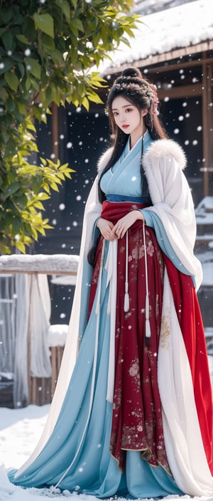 A 23-year-old Taiwanese beauty with long hair, perfect body proportions, naturally large breasts, natural makeup, and a noble and elegant temperament. She is wearing a gorgeous white Hanfu and a long red cloak with rabbit fur trim, and is watching the snow scene.,1girl