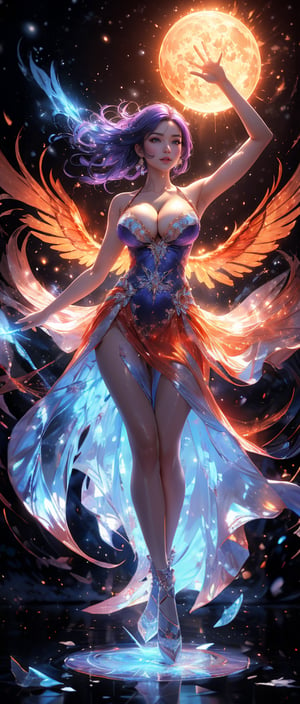 In the ice and snow, a Chinese woman stood in a magic circle on the frozen lake. She spreads her flaming red wings like a blazing flame, wears an ice-red flowing gauze skirt, causing slight energy ripples. She has cool bare shoulders, natural chest, and her arms are waving freely. The moon wheel draws an arc of energy, and her dynamic figure is exquisite. Perfect face, perfect proportions, slender waist, fair skin. Tall and well-proportioned, with long legs and crystal high heels. (from bottom to top: 1.2), (photo realism: 1.2), (sharp focus), soft light, (full body shot), long blue-purple hair, (distribution: 1.2), (cleavage: 1.5), (shoulders bare) :1.3) (soft light, ambient light).