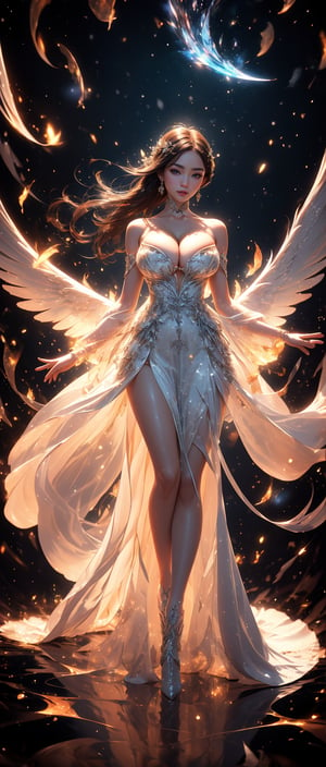In the midst of the flames, a Chinese woman stood in a huge magic circle. She spreads her snow-white wings like ice and snow, wears a silver-black elegant gauze skirt, and creates slight energy ripples. Her cool bare shoulders, natural chest, and arms wave freely, drawing an arc of energy, a dynamic posture, and a delicate and perfect body. Face, perfect proportions, slender waist, fair skin. Tall and well-proportioned, with long legs and crystal high heels. (from bottom to top: 1.2), (photo realism: 1.2), (sharp focus), soft light, (full body shot), long silver hair, (distribution: 1.2), (cleavage: 1.5), (shoulders bare): 1.3) (soft light, ambient light).