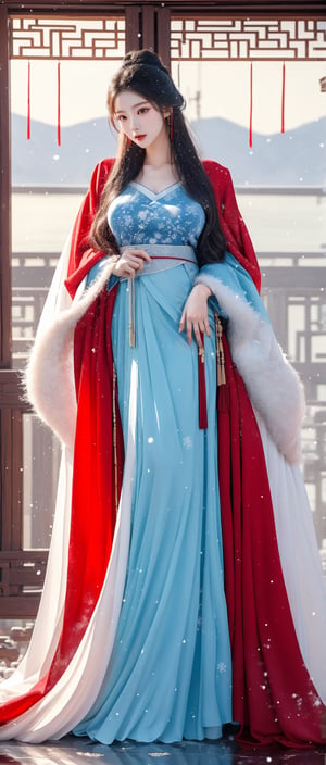 A 23-year-old Taiwanese beauty with long hair, perfect body proportions, naturally large breasts, natural makeup, and a noble and elegant temperament. She is wearing a gorgeous white Hanfu and a long red cloak with rabbit fur trim, and is watching the snow scene.,1girl