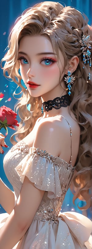 Score_9, score_8_up, score_7_up, score_6_up, 1girl, solo, ((multiple hair colors)), long wavy hair, hair accessories, exquisite makeup, looking at the audience, charming eyes, dress, hugging, bare shoulders, Jewelry, upper body, flowers, earrings, parted lips, choker, off-shoulder, nail polish, side view, red lips, glitter, blue background, black choker, holding rose, white and sliver dress, Papilio memnon.