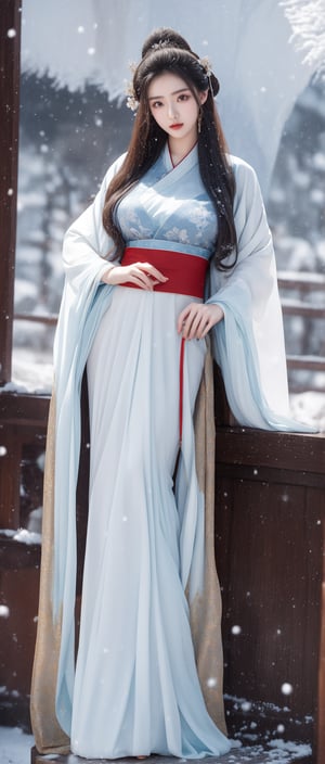 A 23-year-old Taiwanese beauty with long hair, perfect body proportions, naturally large breasts, natural makeup, and a noble and elegant temperament. She is wearing a gorgeous white Hanfu and a long red cloak with rabbit fur trim, and is watching the snow scene.,1girl