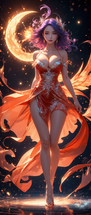 In the ice and snow, a Chinese woman stood in a magic circle on the frozen lake. She spreads her flaming red wings like a blazing flame, wears an ice-red flowing gauze skirt, causing slight energy ripples. She has cool bare shoulders, natural chest, and her arms are waving freely. The moon wheel draws an arc of energy, and her dynamic figure is exquisite. Perfect face, perfect proportions, slender waist, fair skin. Tall and well-proportioned, with long legs and crystal high heels. (from bottom to top: 1.2), (photo realism: 1.2), (sharp focus), soft light, (full body shot), long blue-purple hair, (distribution: 1.2), (cleavage: 1.5), (shoulders bare) :1.3) (soft light, ambient light).