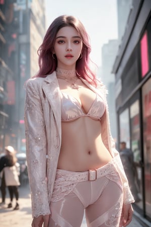 masterpiece, detailed, middle est girl, studio light, stylish background, huge breasts, long_hair, (lacy bikini), beautiful eyes, seductive_pose, choker, necklace, (dark hair), pointy ears, style, leggings, jacket, belt,shortstack, detailed background,b1mb0,narrow waist, cyberpunk, buildings, lights, neon signs, perfect fingure, pink hair, cyber eyes, white metal hips, augmented body,xiala,1 girl ,Indian