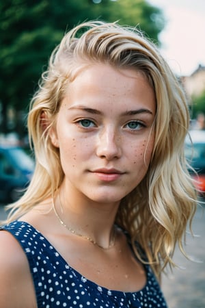 closed lips, cute smile, cinematic photo (art by Mathias Goeritz:0.9) , photograph, Lush Girlfriend, Tax collector, wavy blond hair, summer, tilt shift, specular lighting, film grain, Samsung Galaxy, F/5, (cinematic still:1.2), freckles . 35mm photograph, film, bokeh, professional, 4k, highly detailed ,1 girl,midjourney,yuzu, perfect, fingers,

,Extremely Realistic