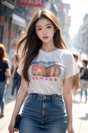 High school student, girl, Shanghai streets, best quality, 32k, realistic, super detailed, fine, high resolution, perfect dynamic composition, beautiful detailed eyes, sharp focus, denim skirt, t-shirt