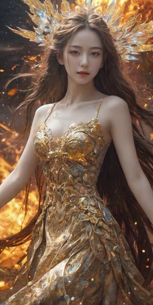 (masterpiece, top quality, best quality, official art, beautiful and aesthetic:1.2), (1girl),European girl,extreme detailed,(abstract, fractal art:1.3),colorful hair,highest detailed, detailed_eyes, fire, water, ice, lightning, light_particles, ghost sexy battle dress ,beatiful lines,(sparkling gold dress:1.5),resolute eyes,angelawhite,more detail, smile, (oil shiny skin:1.2), (middle breast:1.5), (perfect anatomy, long fingers, 4 fingers, 1 thumb), nine head high length, breast apart, (cowboy shot:1.3), looking at viewer, (viewed_from_above:1.3),more detail 