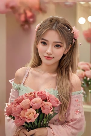 1girl,moyou,double ponytail,twintails,heart hair ornament,Ultra-realistic 8k CG,masterpiece,best quality,(photorealistic:1.4),HDR,absurdres,Professional,RAW photo,lens flare,(film grain:1.1),Bokeh,((Depth of field)),studio light,a woman in a pink dress holding a bouquet of flowers in front of a mirror and a pink background,1girl,blonde_hair,bouquet,flower,lips,long_hair,looking_at_viewer,pink_dress,smile,solo,Highly detailed,Professional,extreme detail description;