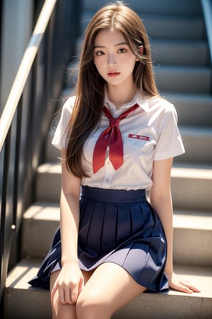 high school student,girl,school uniform,sitting on stair,Best Quality, 32k, photorealistic, ultra-detailed, finely detailed, high resolution, perfect dynamic composition, beautiful detailed eyes, sharp-focus, cowboy_shot, 