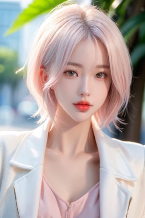 masterpiece, best quality, intricate details, thin, slim, beautiful girl, Light pink hair, white skin, sharp jawline, jacket, upper body, close up, outdoors, looking at viewer