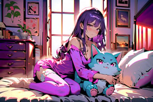 Highly detailed, high quality, masterpiece, beautiful, dark purple hair, long hair, pink eyes,  sleepy face, laying in bed, full body, bedroom, hot, pijamas, holding a fluffy pokemon, pokemon around