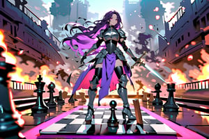 Highly detailed, high quality, masterpiece, beautiful, dark purple hair, long hair, hair:1.2, pink eyes, stand up, ready to attack, full body, warrior clothes,  medal armour, custome, boots, in a battlefield, floor chess board, battle background, huge chessboard chessboard, holding a sword, fencing pose