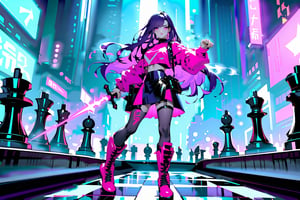 Highly detailed, high quality, masterpiece, beautiful, dark purple hair, long hair, hair:1.2, pink eyes, fighting pose, full body, armour, iron skirt,  pink blouse, custome, high heels, boots, city night, cyberpunk, floor chess board, dark background, battlebackground, huge chessboard, holding a sword, smoke in air