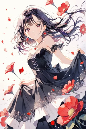 1girl, purple hair, dark hair, hair:1.2, solo, long hair, breasts, looking at viewer, blush, pink eyes, sad eyes, nostalgic, bangs, dress, bow, , jewelry, closed mouth,  flower, earrings, necklace, strapless, floating hair, black suit, red flower, litter,Movie Poster