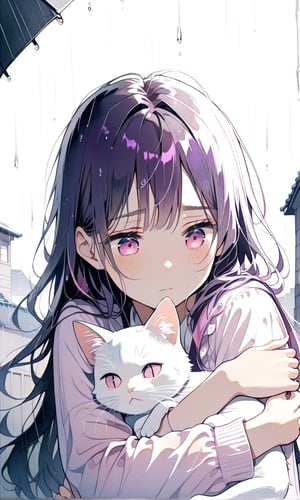 1girl , hugging cat, pink eyes, melancolic eyes, sad eyes, hime cut, purple hair, dark hair, pink tips, rain
 ,cute,anime