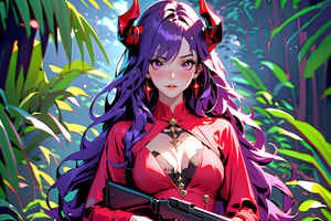 Highly detailed, high quality, masterpiece, beautiful, dark purple hair, long hair, hair:1.2, pink eyes, red dress, messy hair, ready to shot, holding a rifle, in the wild, wallpaper, screensaver, jungle around, red devil horns
