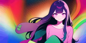 (masterpiece), dark purple hair, hair: 1.2, wavy hair,  long hair, pink eyes, pink blouse , rainbow background smiling, hime haircut, presents