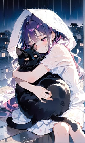 1girl , black cat, furry cat sleeping, pink eyes, melancolic eyes, sad eyes, hime cut, purple hair, dark hair, pink tips, rain, hugging legs, feeling blue
 ,cute,anime
